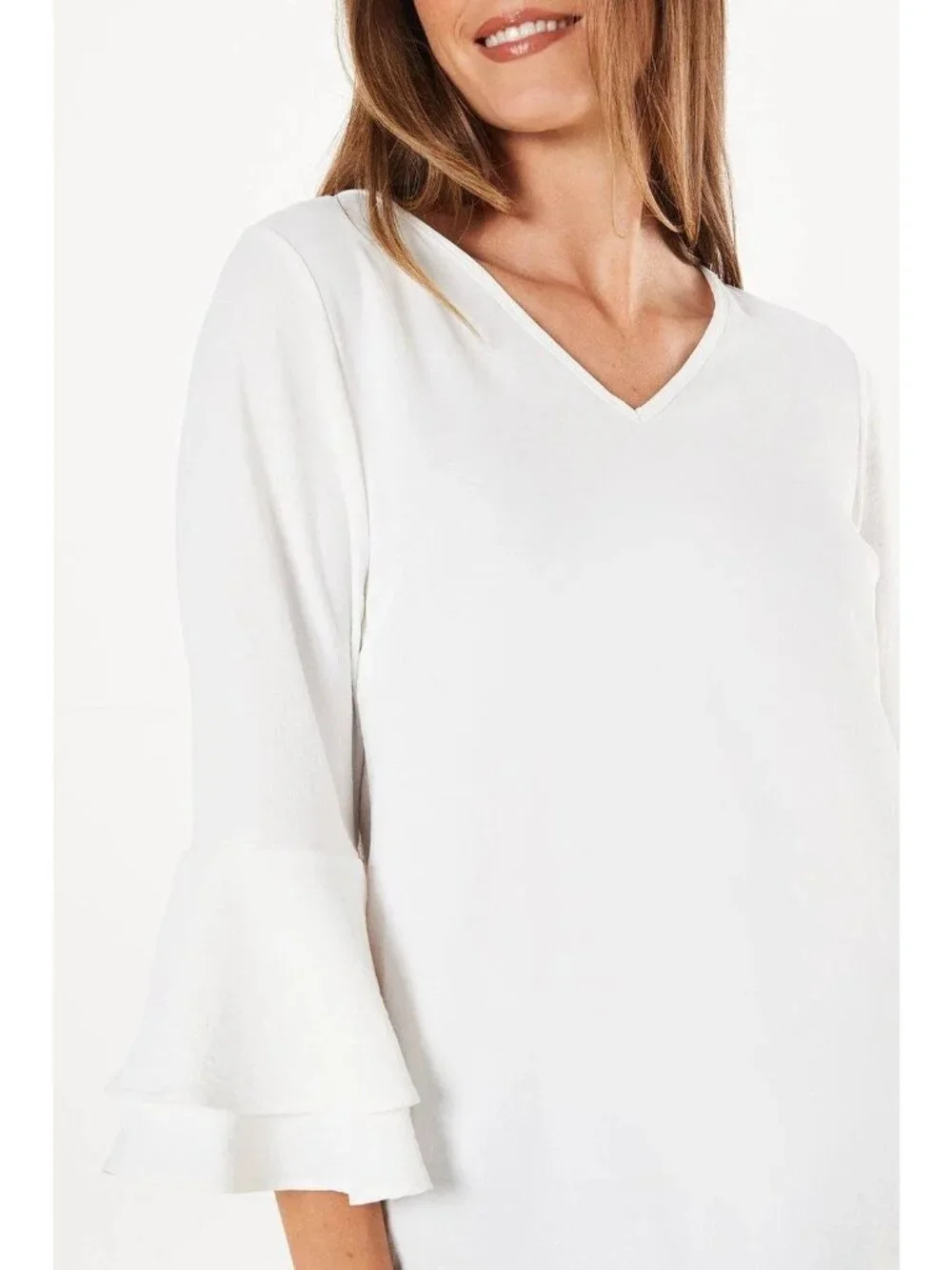 Alfani White‎ Tiered Bell Sleeve Lined Blouse Top Shirt Size 4 V-Neck Tunic